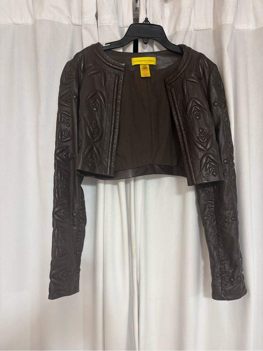 Catherine Malabdrino Brown Embossed lamb skin Cropped Leather Jacket